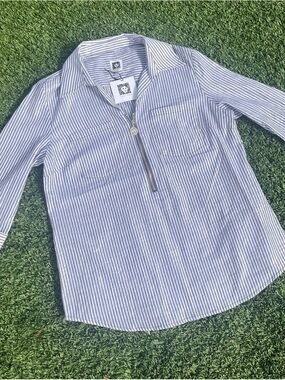 Anne Klein Blue & White| GoldAccents Striped Blouse | Size Small